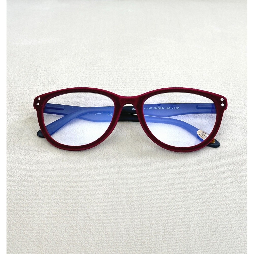 Red +1.00, Womens Cat Eye Reading Glasses, Velvet-Rimmed, Blue Light Blocking